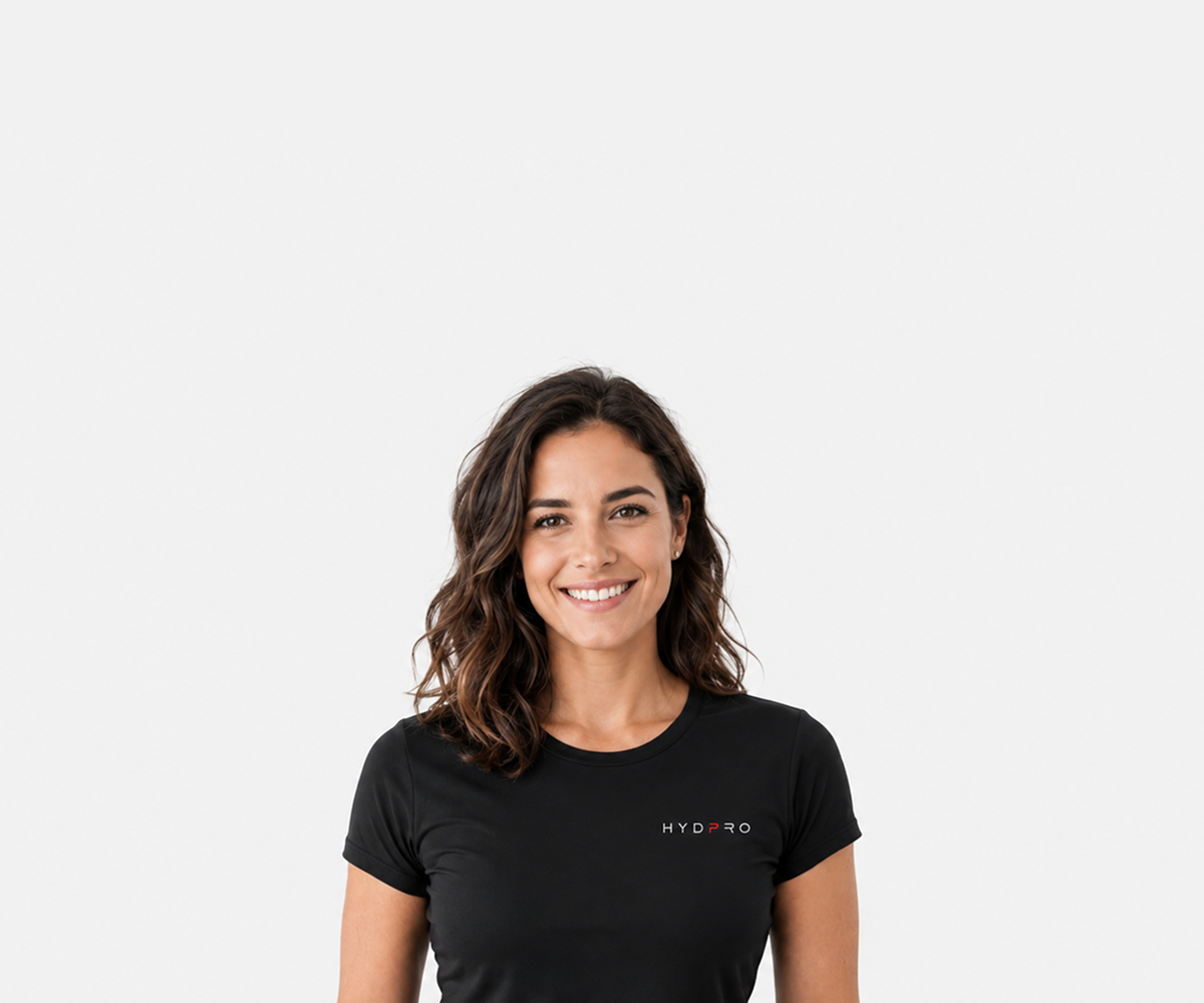 Woman smiling while wearing a black HYDPRO branded t-shirt