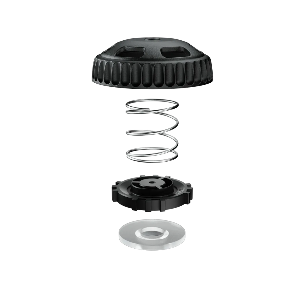 OPV P01 Plus exploded view: fluted lid, coil spring, wider notched valve seat disc and clear washer