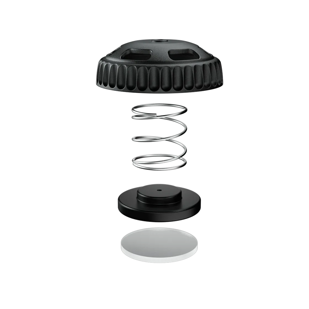 OPV P01 exploded view: fluted lid, coil spring, flat piston disc with center boss and clear washer