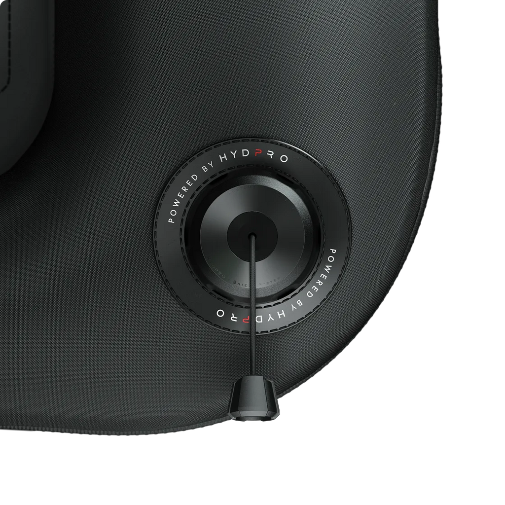 P01 Shield valve close-up on a quilted fabric panel, Powered by HYDPRO branding ring visible