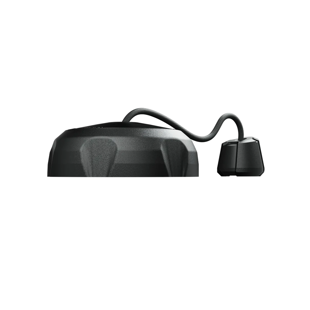 OPV P01 Shield in side profile, domed textured lid linked by a corrugated hose to the connector