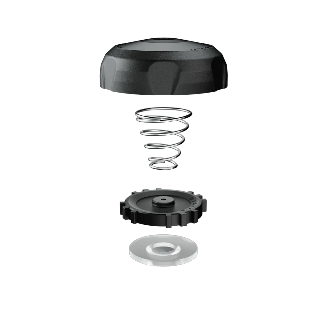 Exploded view of the P01 Shield valve: lid, coil spring, seat and diaphragm in sequence