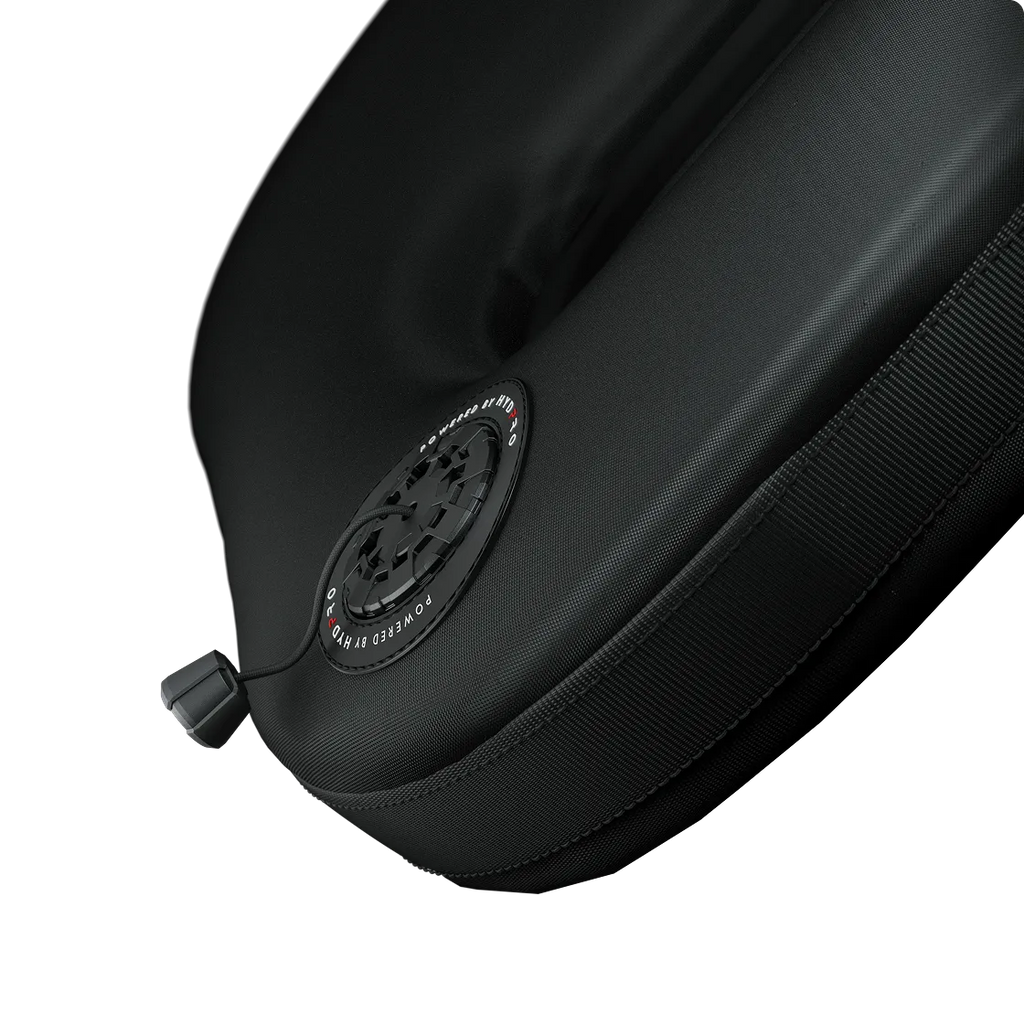 P03 valve mounted on a padded fabric panel, three-quarter angle showing zip trim and dump toggle