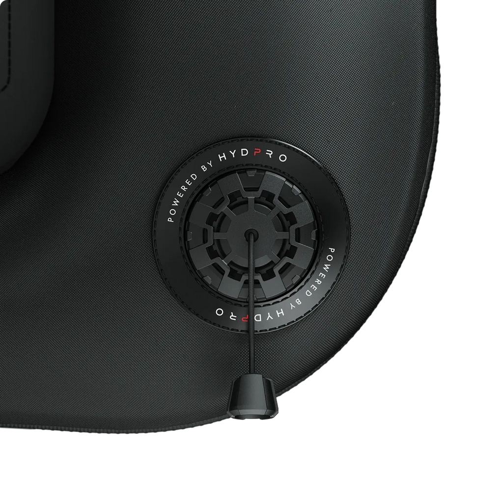 P03 valve close-up on a quilted fabric panel, Powered by HYDPRO branding ring visible