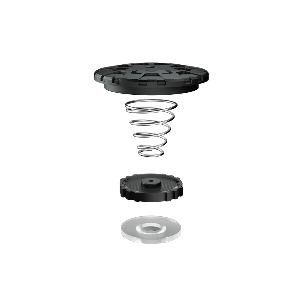 Exploded view of the P03 valve: lid, coil spring, seat and diaphragm in sequence