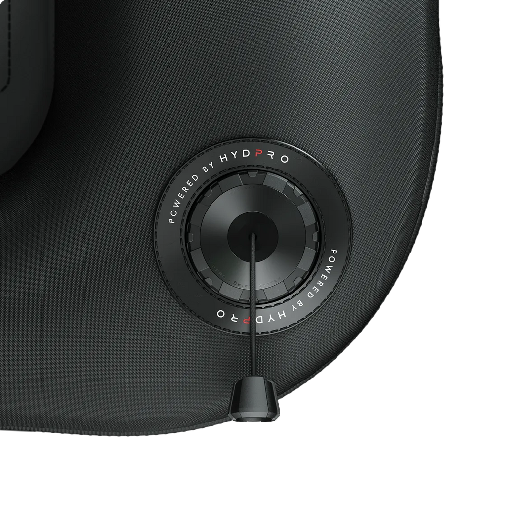 P03 Shield valve close-up on a quilted fabric panel, Powered by HYDPRO branding ring visible
