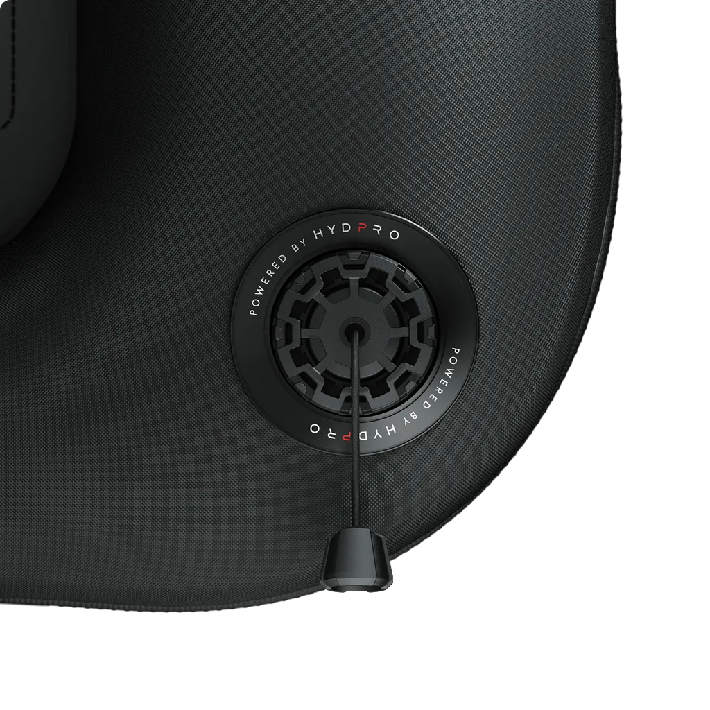 P04 valve close-up on a quilted fabric panel, Powered by HYDPRO branding ring visible