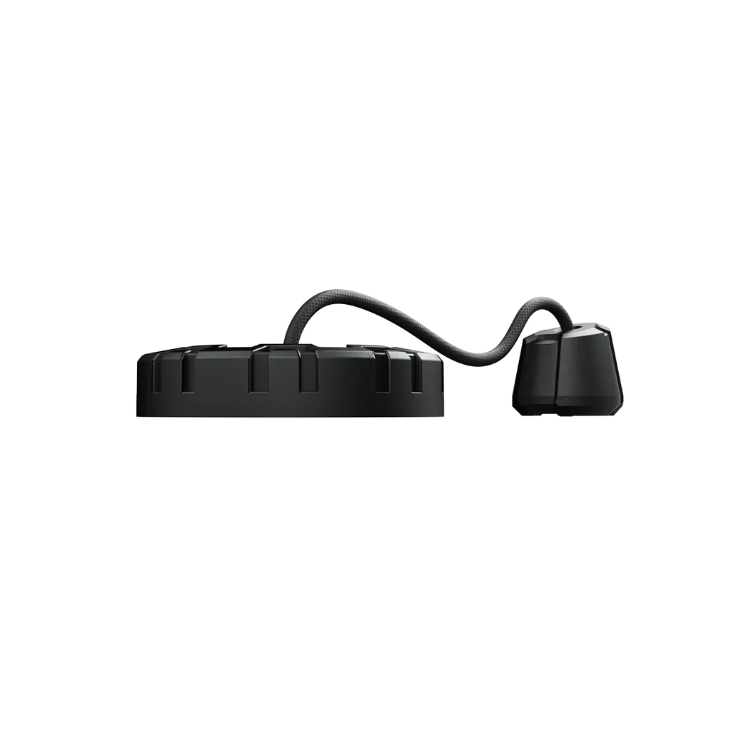 OPV P04 in side profile, low-profile ribbed lid linked by a corrugated hose to the connector