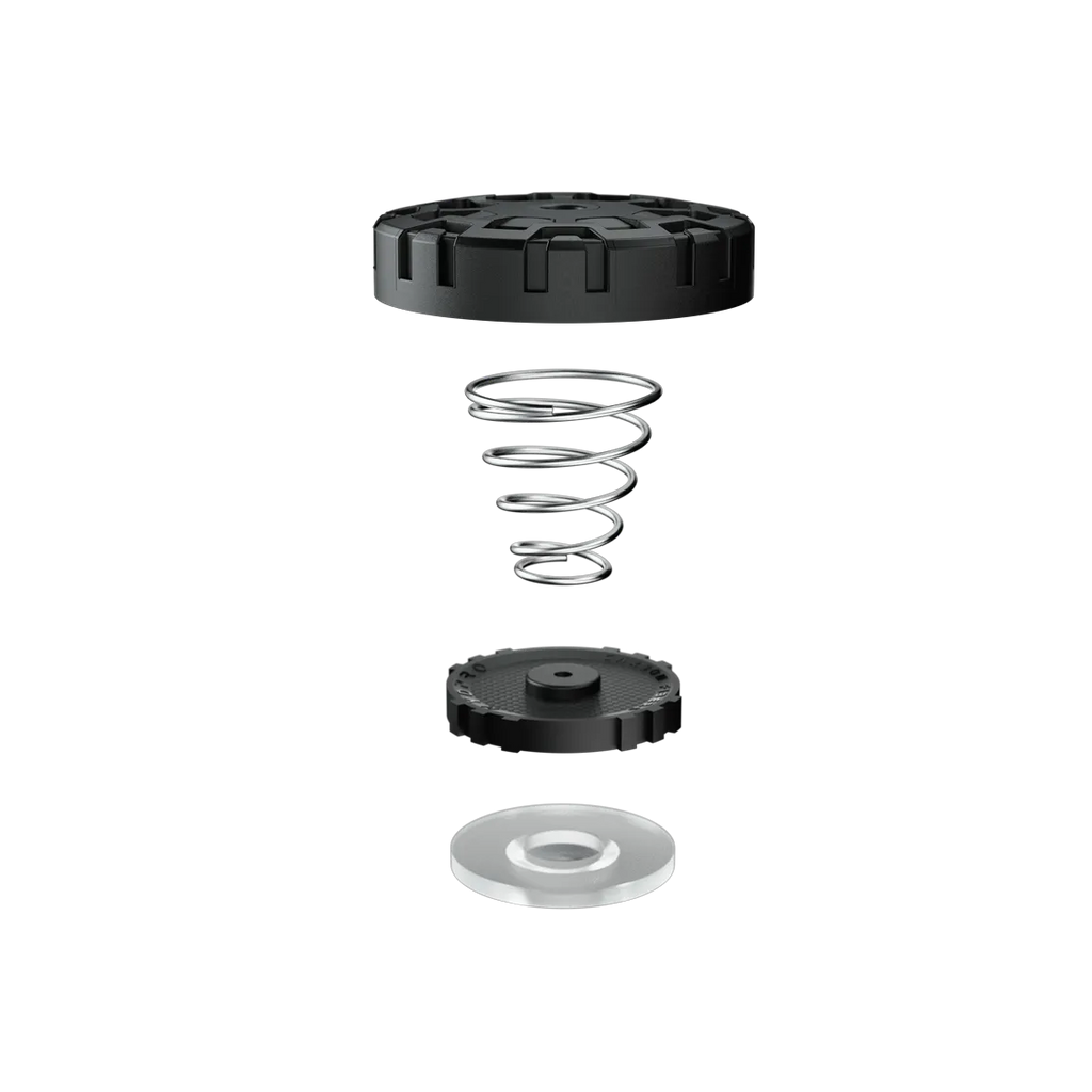 Exploded view of the P04 valve: lid, coil spring, seat and diaphragm in sequence