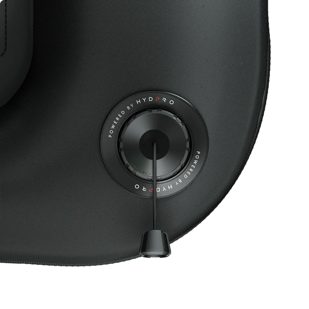 P04 Shield valve close-up on a quilted fabric panel, Powered by HYDPRO branding ring visible