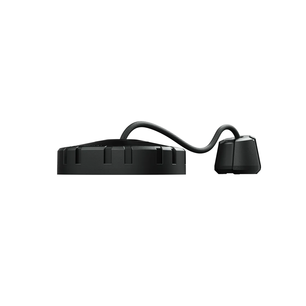 OPV P04 Shield in side profile, low-profile ribbed lid linked by a corrugated hose to the connector
