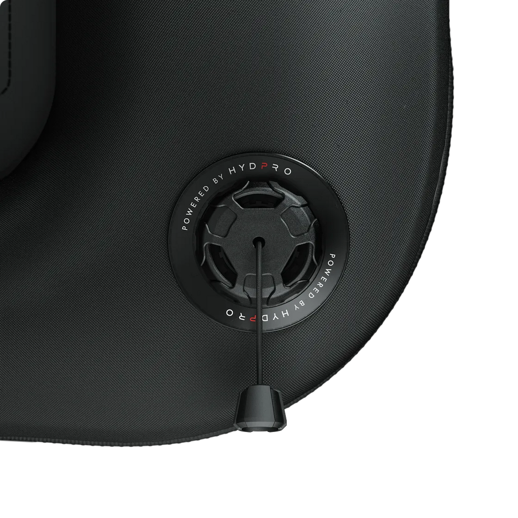 OPV T01 mounted on a drysuit inflator bladder, HYDPRO branding ring encircling the valve base
