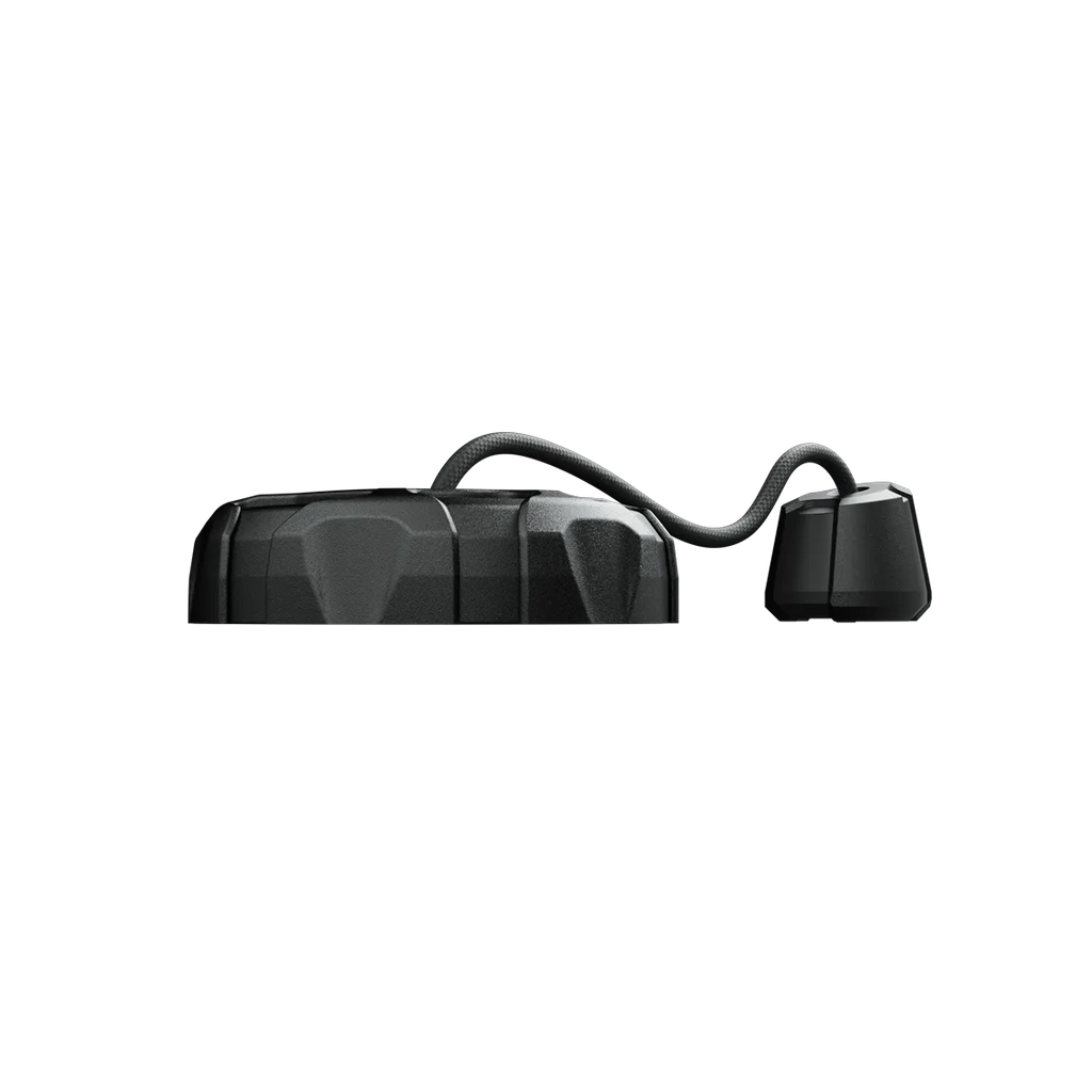 OPV T02 overpressure valve in side profile, angular lid linked to an elbow fitting via a coiled hose