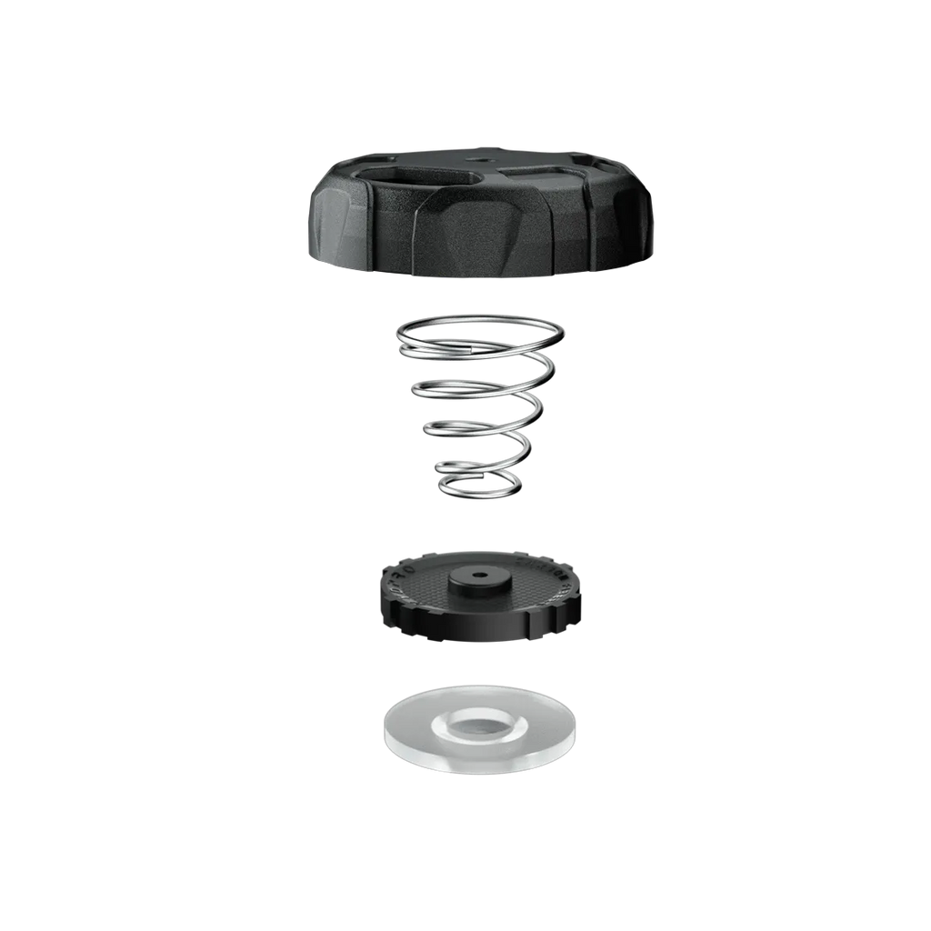 OPV T02 exploded view showing the lid, coil spring, piston disc and clear seal washer