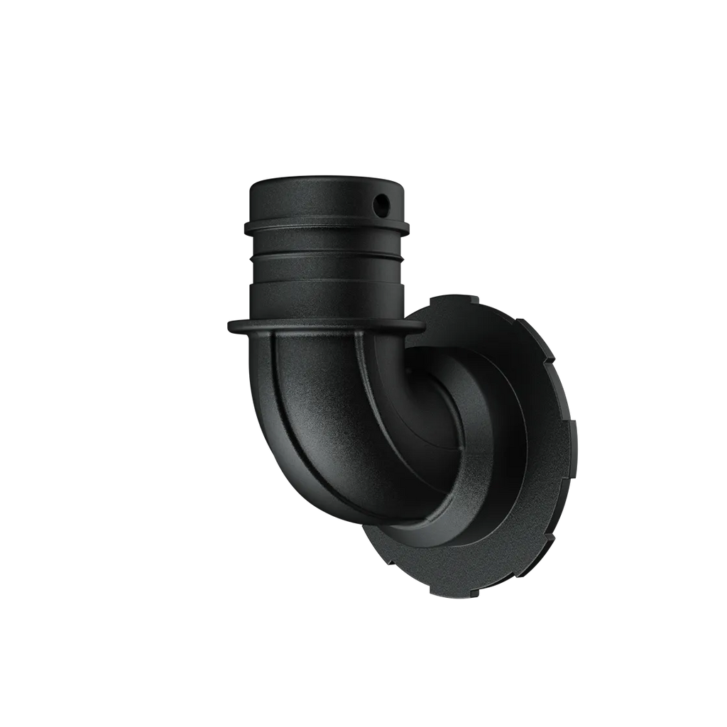 Rear three-quarter view of the Pipe P01 Classic elbow showing the fluted base disk and hose barb