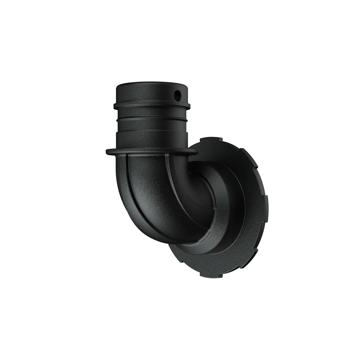 Rear three-quarter view of the Pipe P01 Classic elbow showing the fluted base disk and hose barb