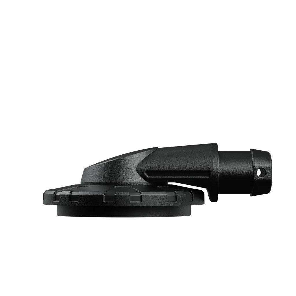 Pipe P03 Keen connector, side view of the ultra-flat elbow with angular locking ring and tapered barb