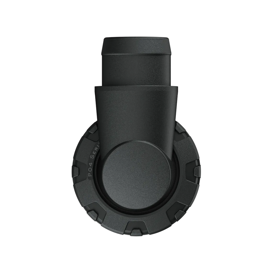 Front view into the tapered port of the Pipe P04 Keen, angular-tooth P04 Series locking ring visible