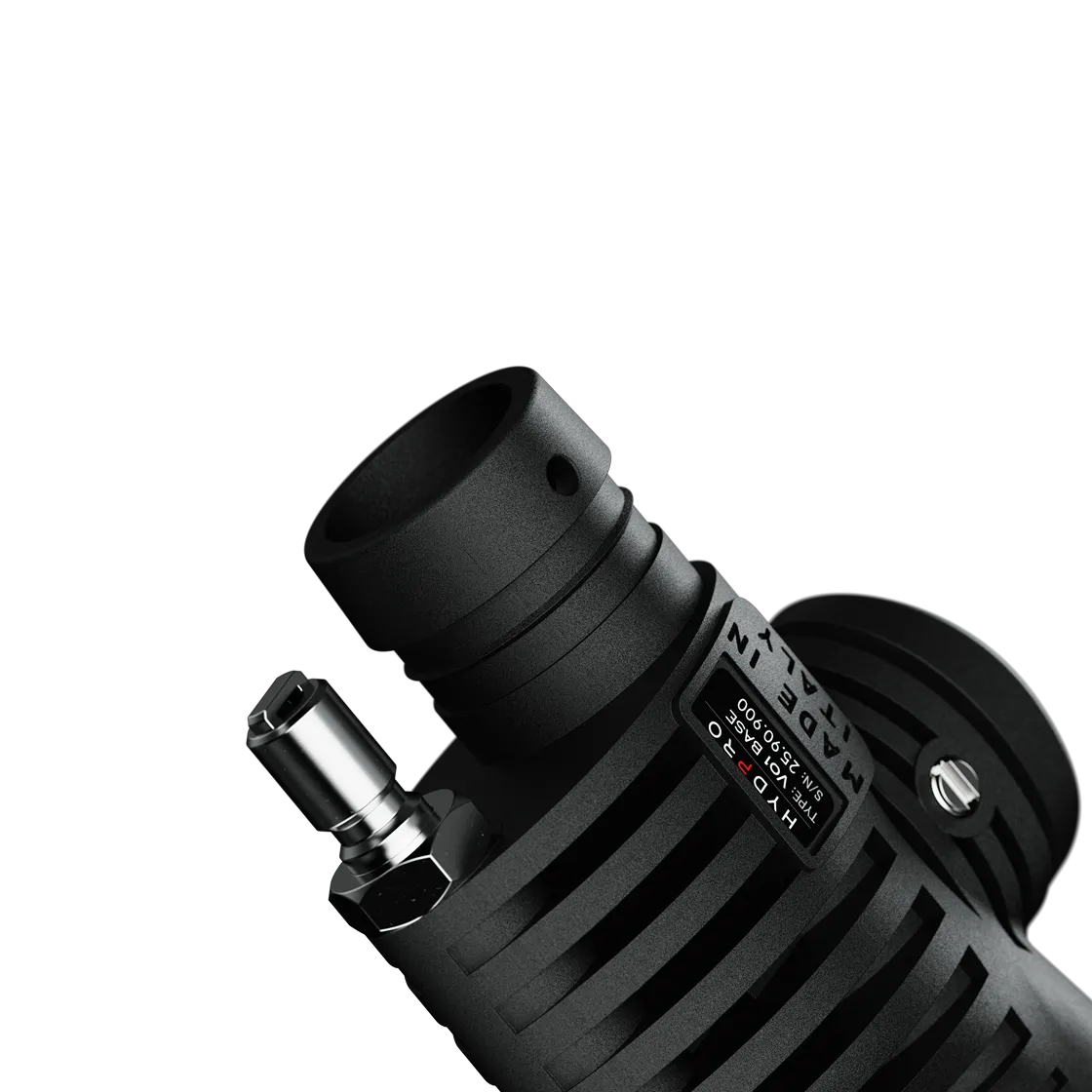 Macro close-up of the chrome low-pressure port and HYDPRO serial nameplate
