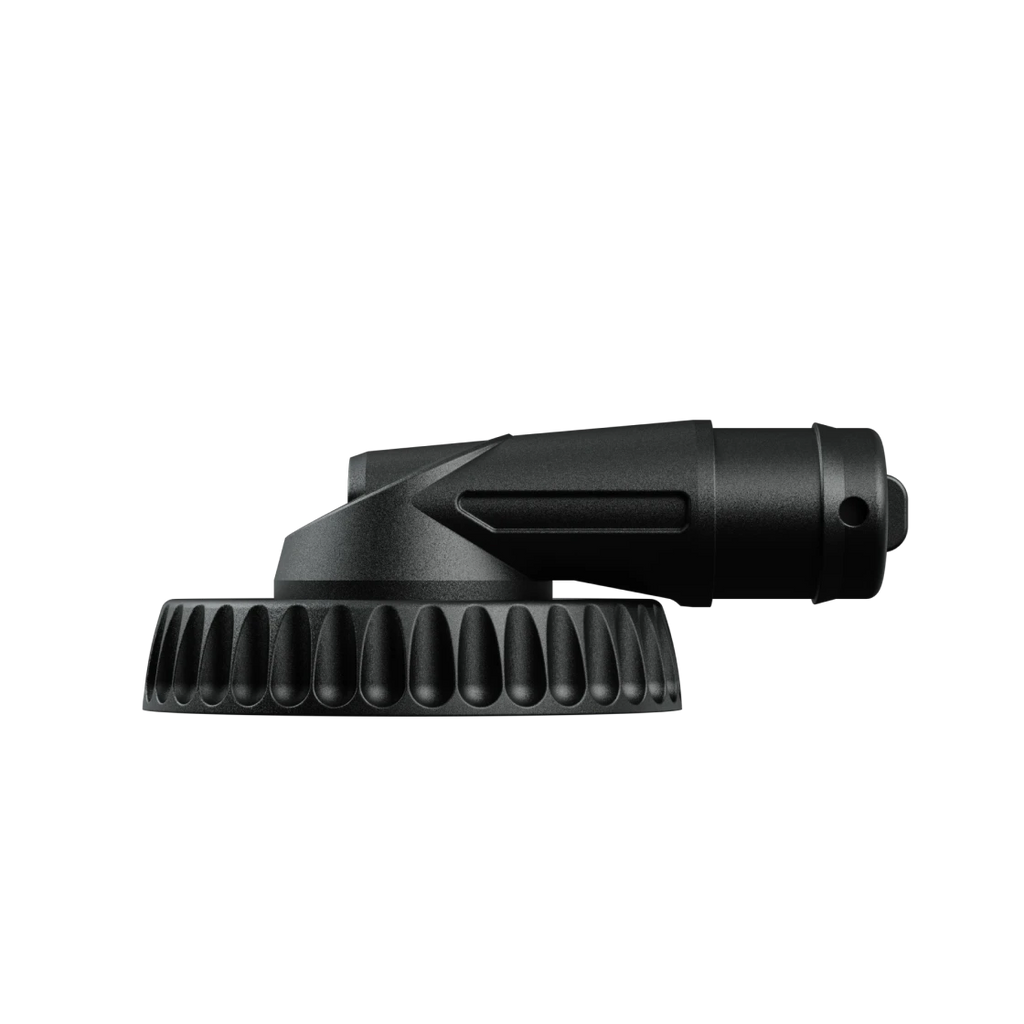 R.E.V. P01 Keen connector, side view of the low-profile elbow bend and hose barb