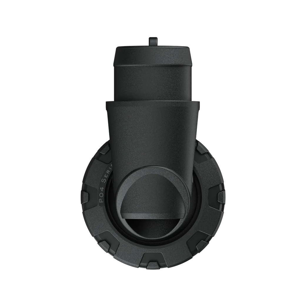 P04 Keen front view showing the round outlet port set into the faceted ring
