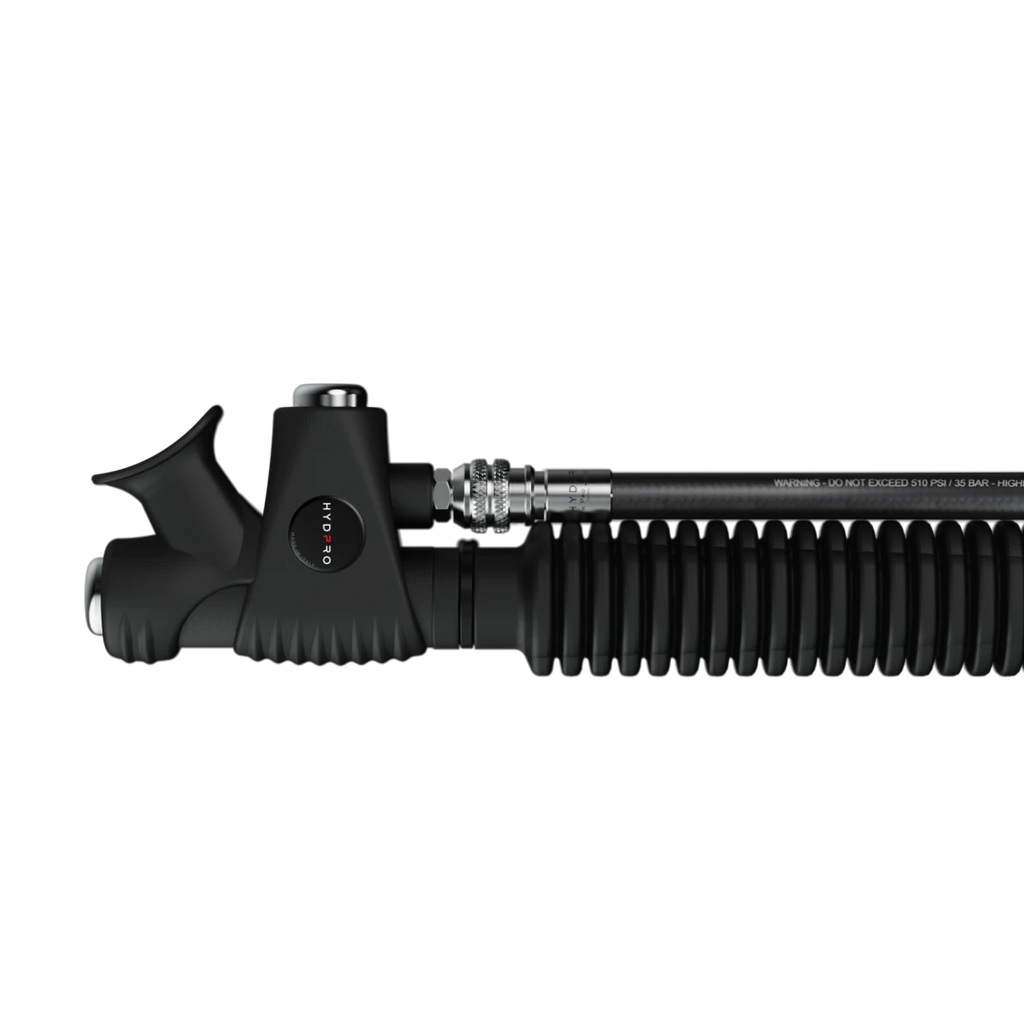 X01 Pro side view with corrugated LP hose attached and printed pressure rating warning