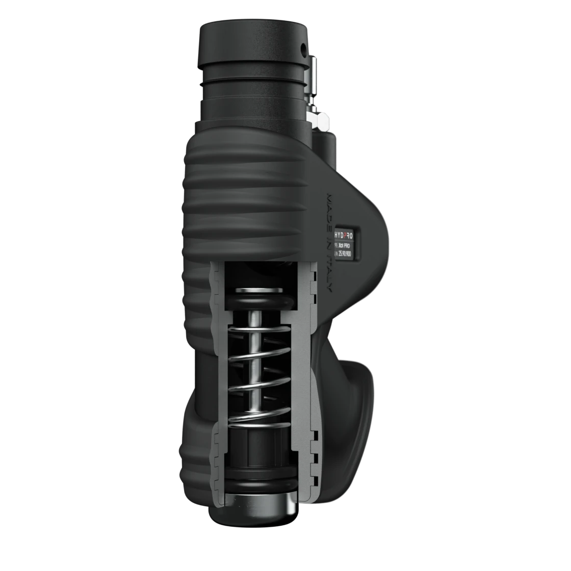 X01 Pro side-view cutaway showing the piston spring assembly along the smooth body