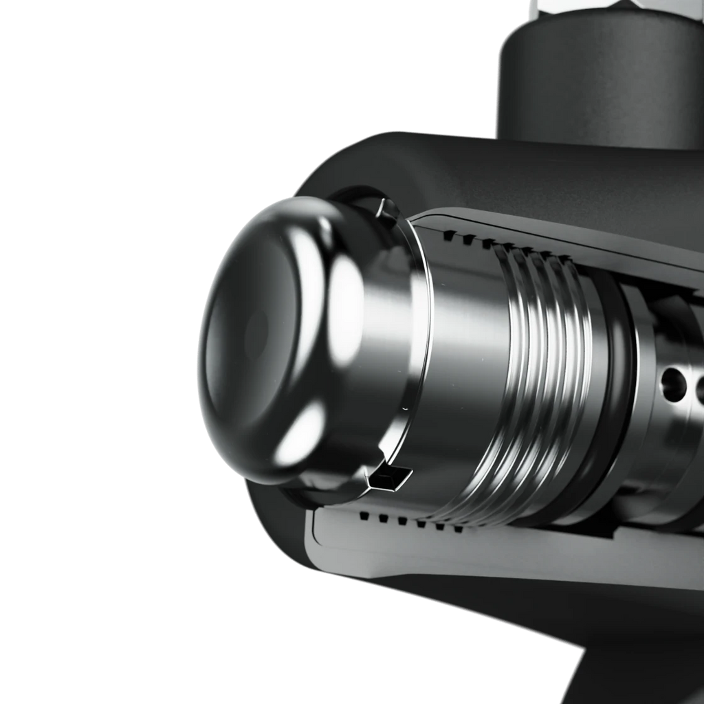 Close-up of the X01 Pro chrome exhaust tip showing machined ridges and small vent holes