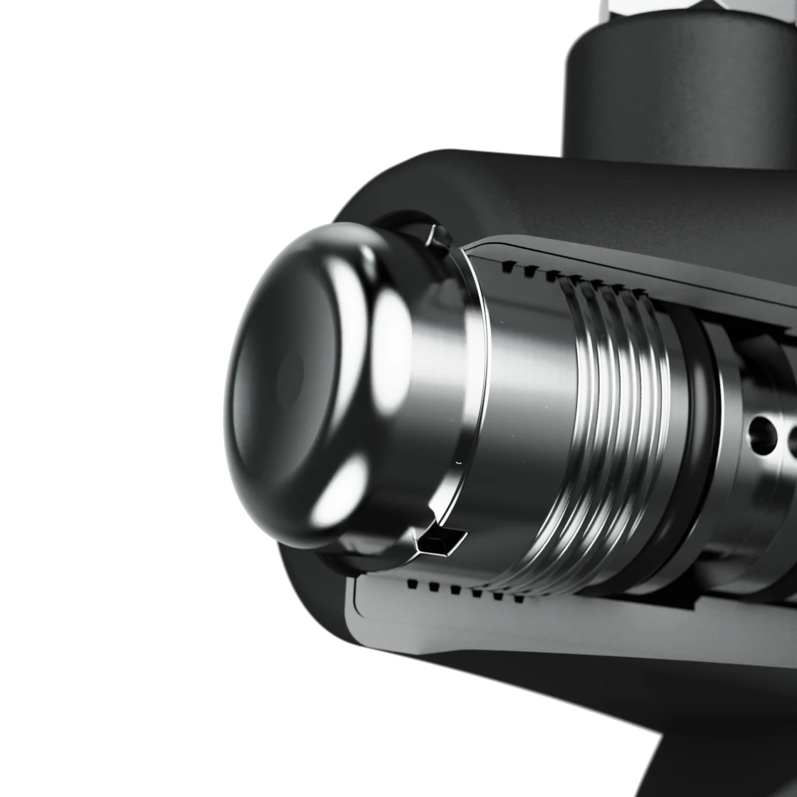 Close-up of the X01 Pro chrome exhaust tip showing machined ridges and small vent holes