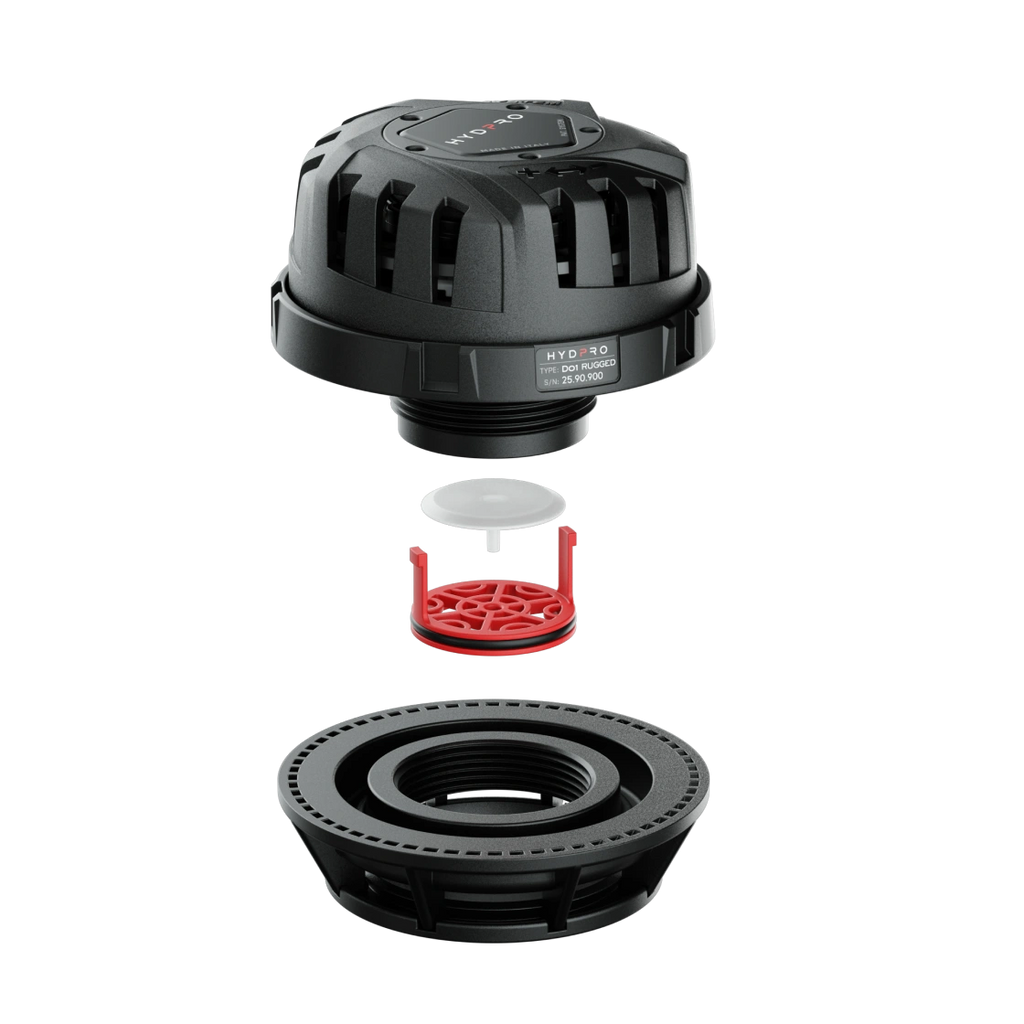 Exploded view of the DSV D01 Rugged Plus highlighting the red secondary passive membrane