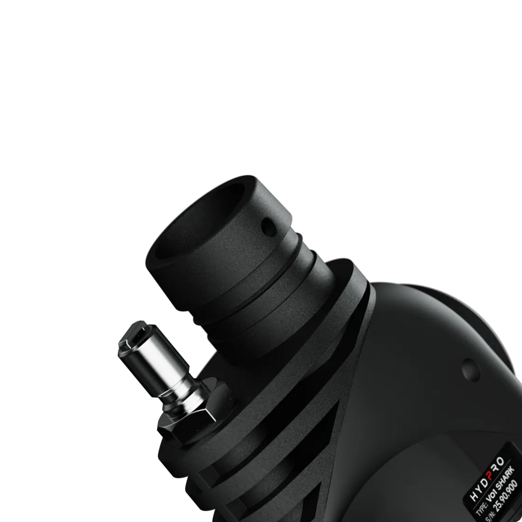 Macro close-up of the chrome low-pressure port on the Power V01 Shark housing