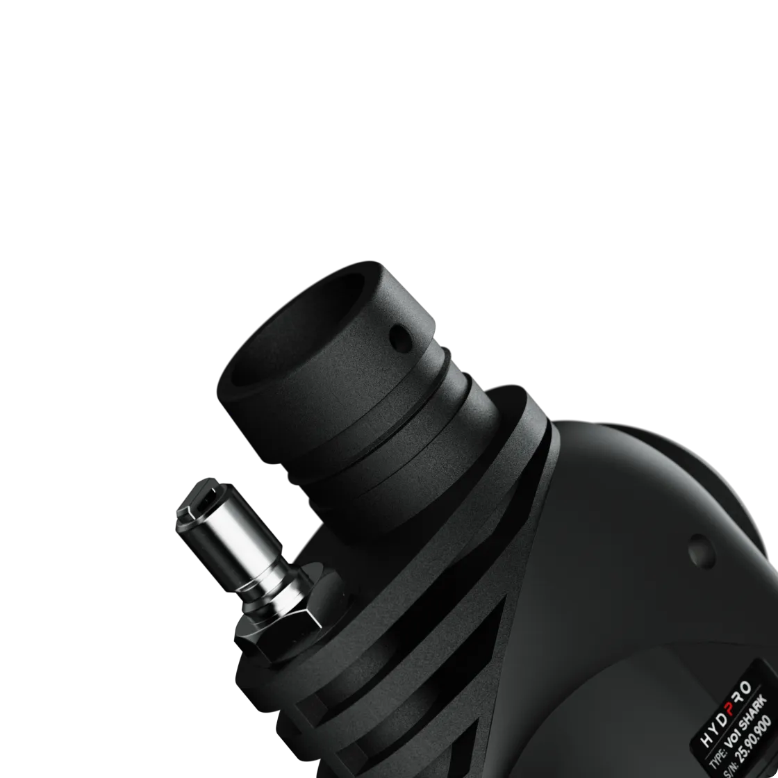 Macro close-up of the chrome low-pressure port on the Power V01 Shark housing